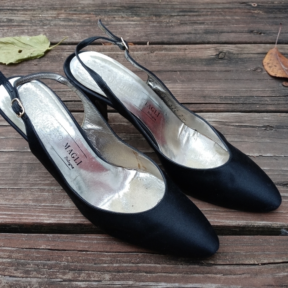 Bruno Magli Women's Slingback Satin Black Heels Women 7 AA Narrow Shoe. 2.5" hee